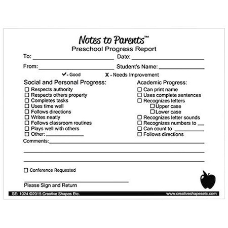 Creative Shapes Etc PreSchool Progress Notes to Parents SE-1024
